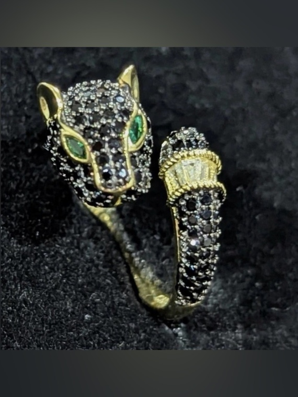 Rachel Zoe black panther Onyx & CZ 18K gold plated silver 925 wrap-around ring - Picture 6 of 11